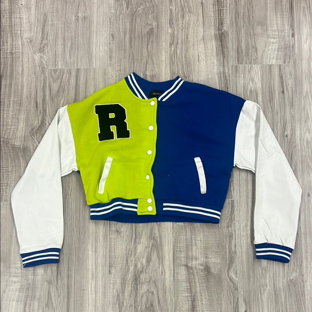 New Look Blue and Neon Green Varsity Jacket